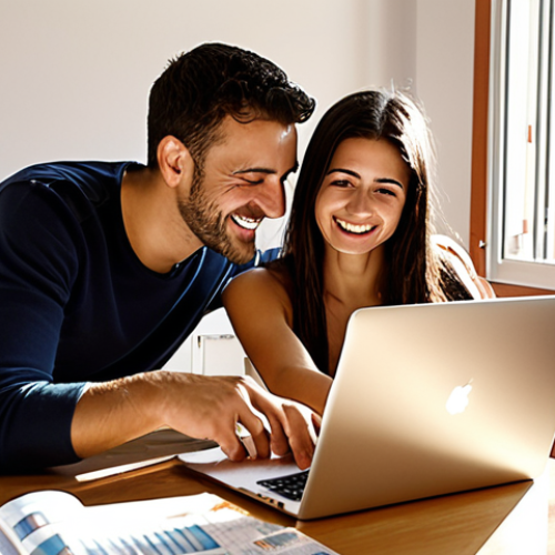 **Prompt:** A young Italian couple, Marco and Giulia, in their 30s, smiling and reviewing financial charts on a laptop in their modern apartment in Rome. Sunlight streams through the window. The atmosphere is positive and optimistic, hinting at financial freedom. Focus on realistic details and a sense of accomplishment.