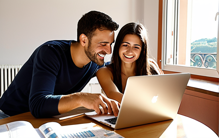 **Prompt:** A young Italian couple, Marco and Giulia, in their 30s, smiling and reviewing financial charts on a laptop in their modern apartment in Rome. Sunlight streams through the window. The atmosphere is positive and optimistic, hinting at financial freedom. Focus on realistic details and a sense of accomplishment.