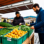 **Image:** A vibrant marketplace in Florence, Italy. Vendors are selling locally sourced, organic produce in reusable containers. Shoppers, dressed in stylish, yet practical clothing, are examining labels with "Bio" and "Km 0" certifications. In the background, a solar panel array gleams on the roof of a nearby building.
    **Prompt:** Bustling Florentine marketplace, organic produce, reusable packaging, solar panels, "Bio" certification, "Km 0" labels, stylish shoppers, appropriate attire, safe for work, perfect anatomy, natural proportions, professional photography, high quality, family-friendly, sustainable commerce.