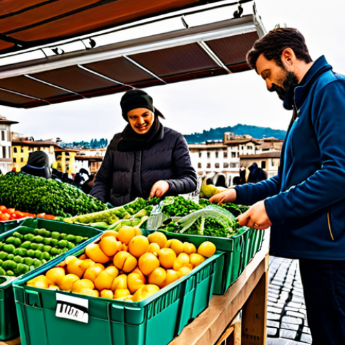 **Image:** A vibrant marketplace in Florence, Italy. Vendors are selling locally sourced, organic produce in reusable containers. Shoppers, dressed in stylish, yet practical clothing, are examining labels with "Bio" and "Km 0" certifications. In the background, a solar panel array gleams on the roof of a nearby building.
    **Prompt:** Bustling Florentine marketplace, organic produce, reusable packaging, solar panels, "Bio" certification, "Km 0" labels, stylish shoppers, appropriate attire, safe for work, perfect anatomy, natural proportions, professional photography, high quality, family-friendly, sustainable commerce.