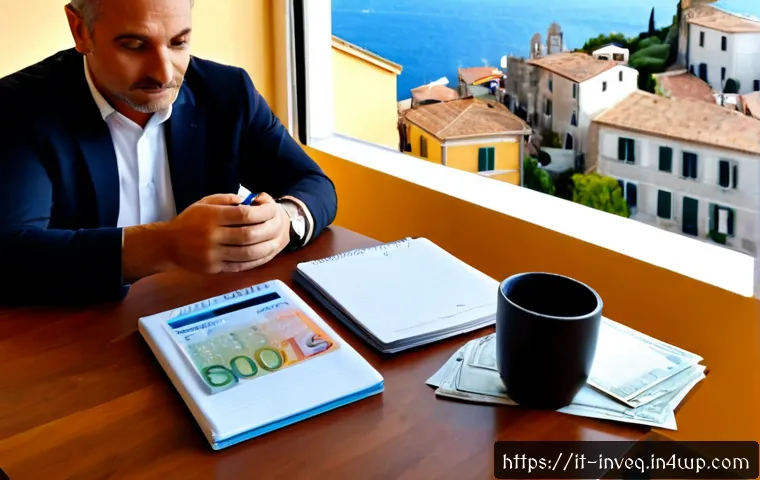 Home 16 파이어족의 자산 관리 법칙 - Photorealistic Italian FIRE lifestyle financial planning scene, a relaxed middle-aged Italian couple...